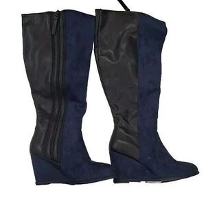 Torrid Knee High Black Blue Boots Wedge Heel Zip Vegan Leather  Size 10